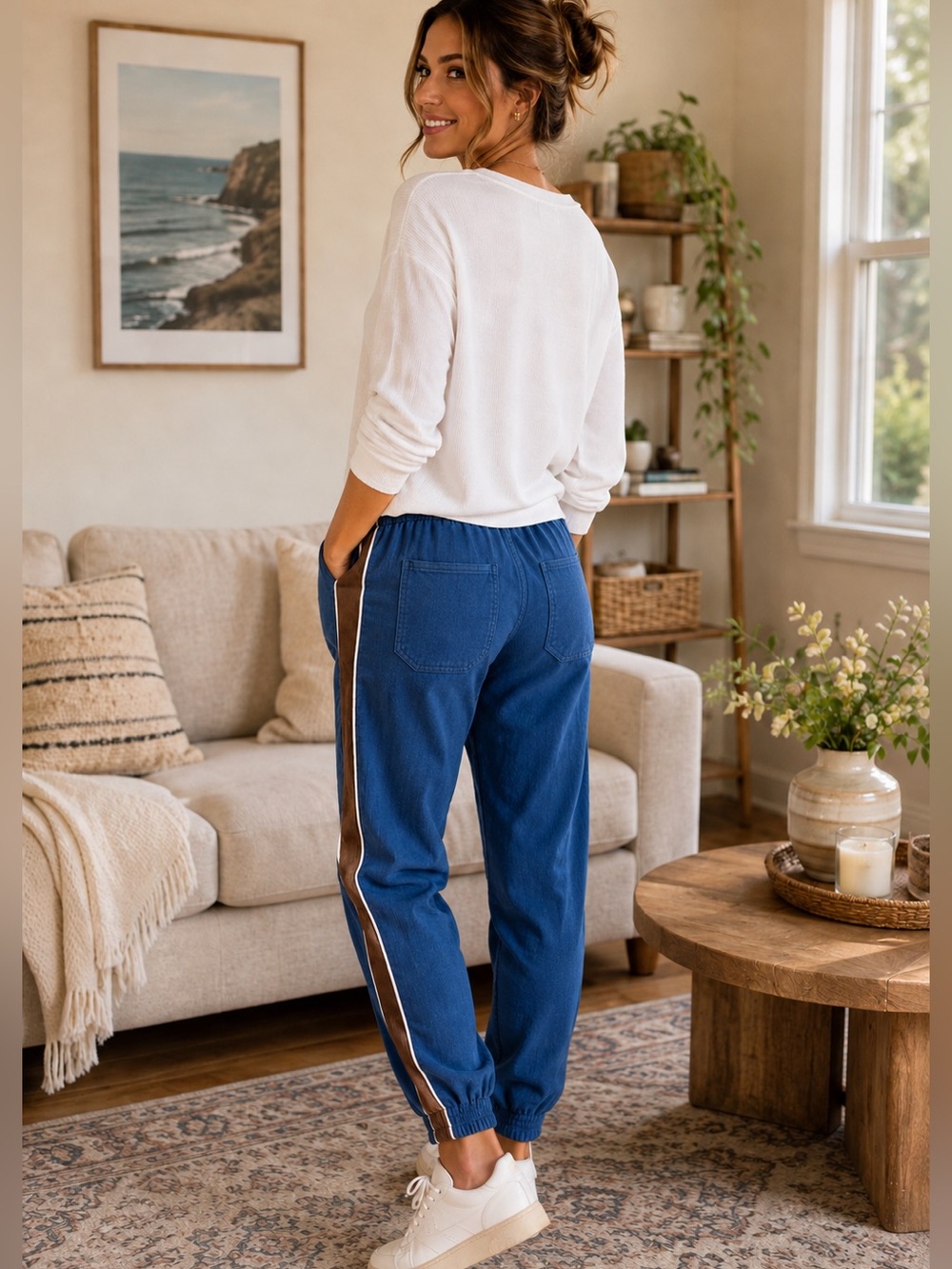 Charmkp Blue Corduroy Jogger Pants Brown Side Stripe Elastic Waist Size Medium